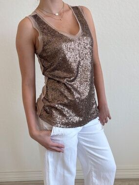 Cupio Sequin V-Neck Tank Top Rose Gold Metallic Sparkle Party, Size S, Y2K